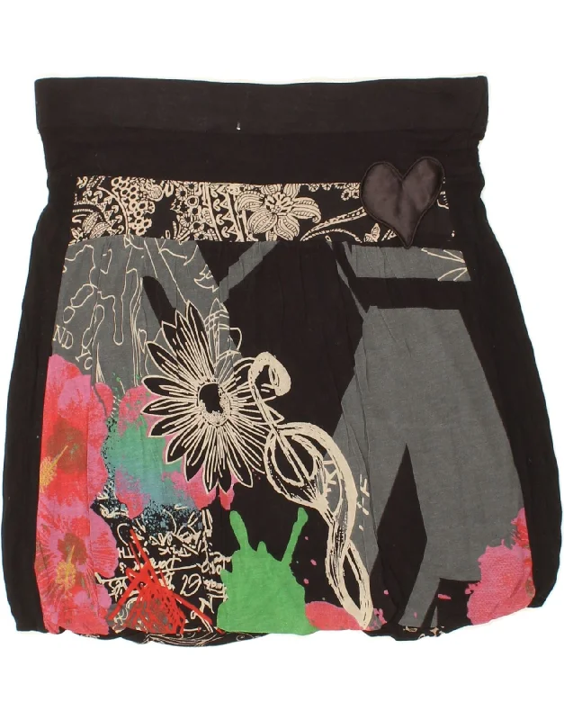 DESIGUAL Womens Graphic Bubble Skirt Large W32 Black Floral Viscose cotton skirt soft