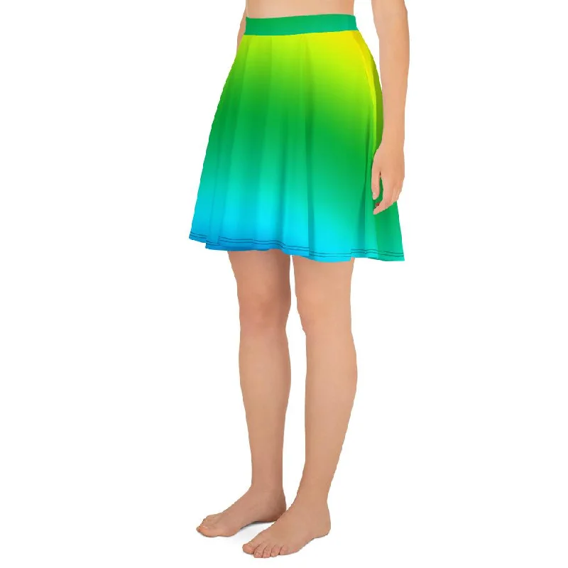 Blue Green Rainbow Skater Skirt, Radial Ombre Print Mid-Thigh Soft Women's Skater Skirt- Made in USA/EU lace skirt intricate