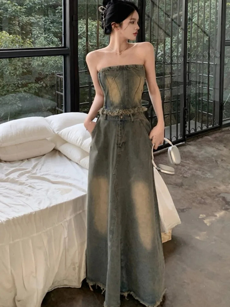 Wjczt American Vintage Two-Piece Set for Women Half Skirts Sets Short Strapless Top A-Line Midi Skirt Fashion Denim Suit Autumn New velvet skirt luxury