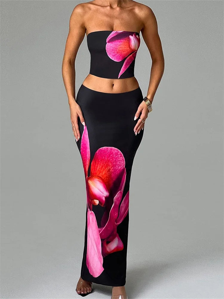 Wjczt Sexy Women 2 Pieces Outfits Floral Print Tube Tops and Elastic Waist Bodycon Long Skirts Sets Summer Streetwear 2024 corduroy skirt cozy
