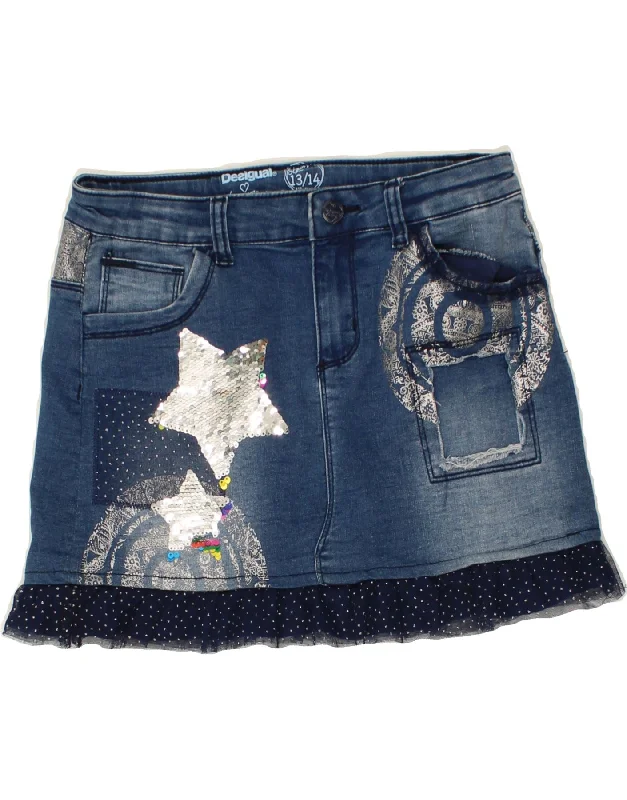 DESIGUAL Girls Abstract Pattern Graphic Denim Skirt 13-14 Years W28  Blue a-line skirt cut