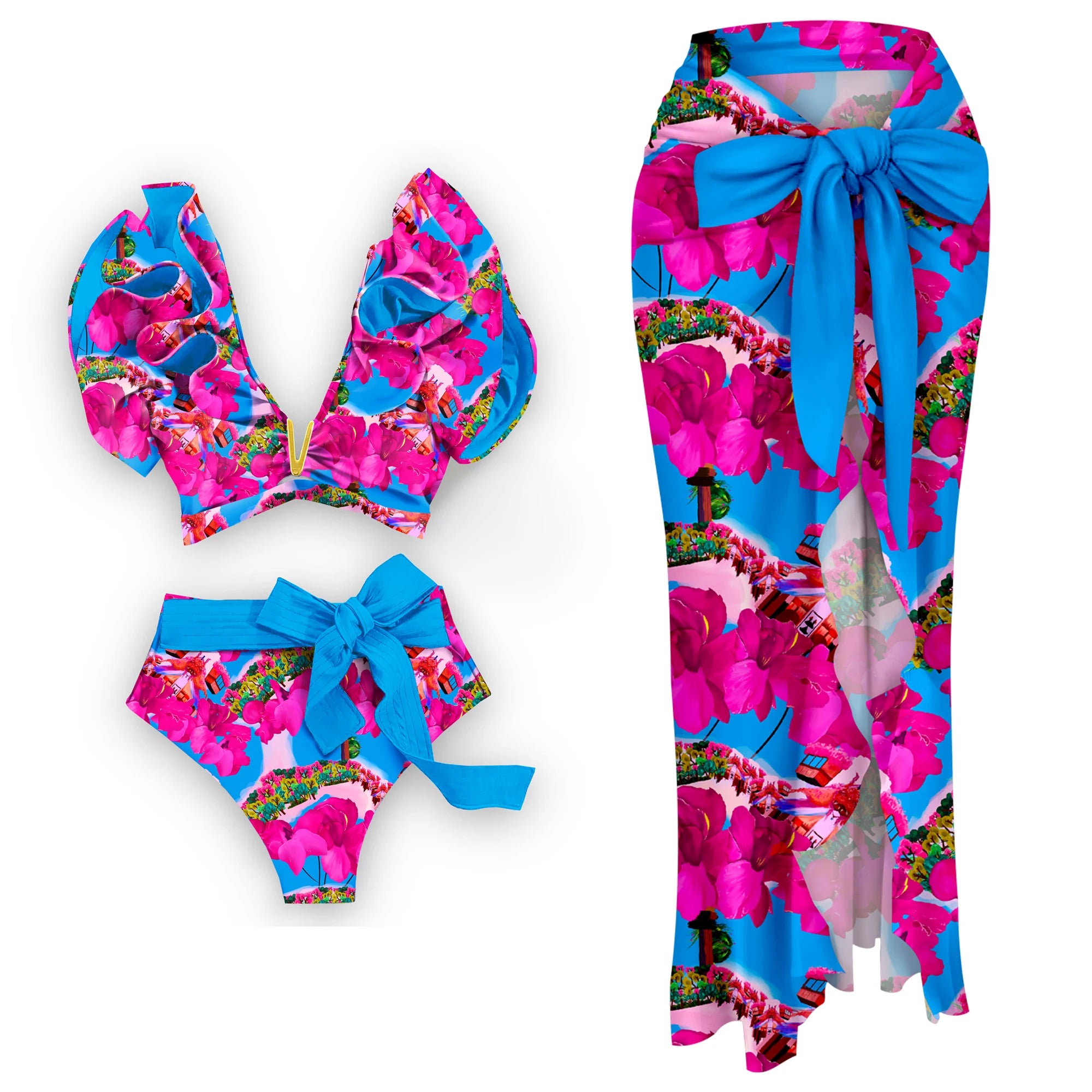 Wjczt  2024 3pack Bikini with Beach Skirt Swimwear Women Swimsuit V Neck Ruffle Print Bathing Suit Beachwear Bikini Set cashmere skirt rich