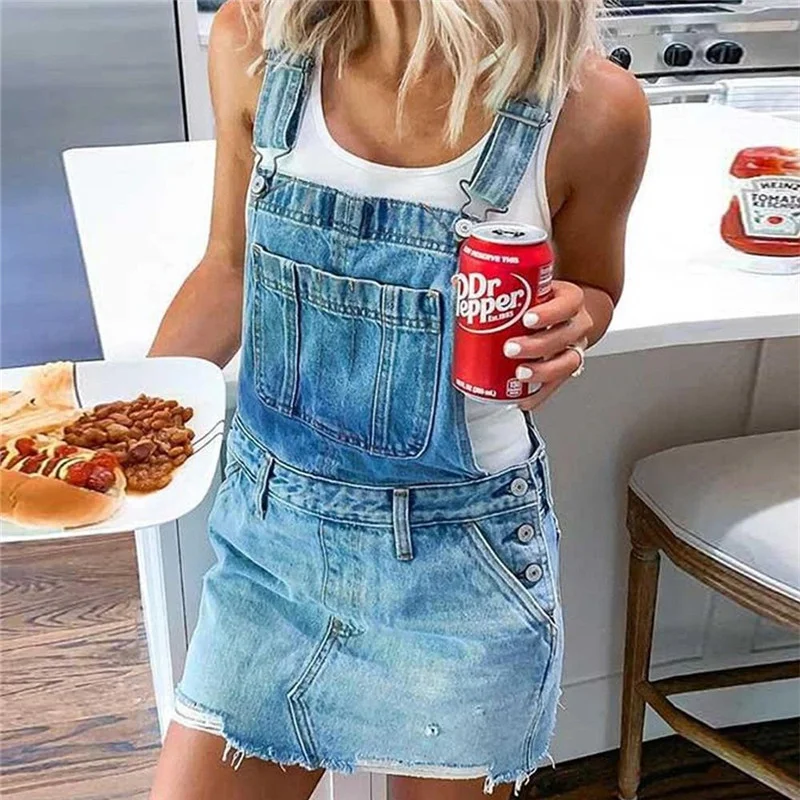 Woman Figure Flattering Denim Suspender Skirts patchwork skirt art