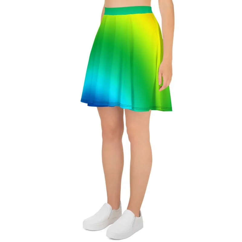 Blue Green Rainbow Skater Skirt, Ombre Print Women's Mid-Thigh Soft Skater Skirt- Made in USA/EU silk skirt lustrous Blue Green Rainbow Skater Skirt, Ombre Print Women's Mid-Thigh Soft Skater Skirt- Made in USA/EU silk skirt lustrous