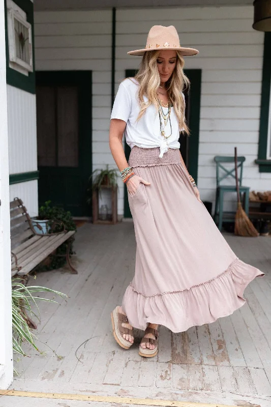 Rustic Romance Smocked Maxi Skirt - Dark Mocha leather skirt sleek