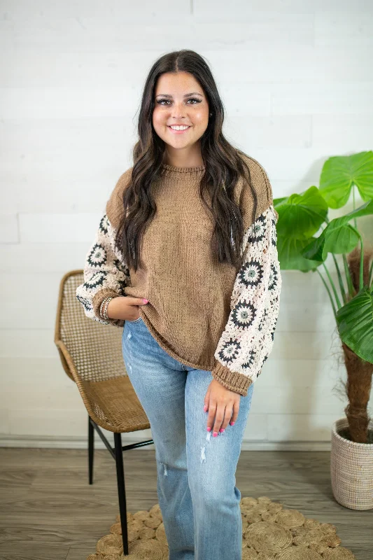 Crochet Sleeve Choco Almond Sweater Boxy Sweater Fitted Sweater A-Line