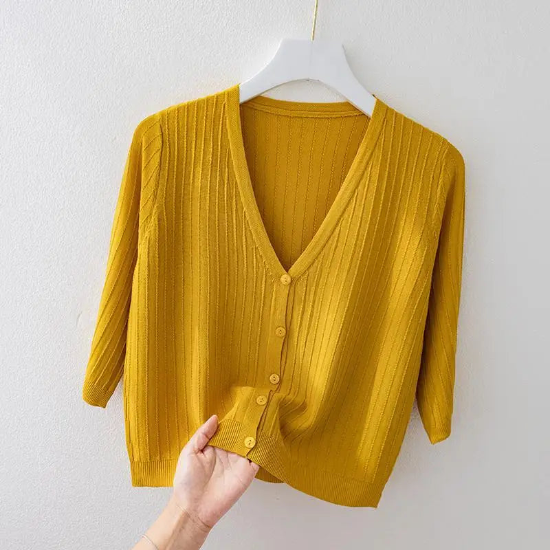 Women Solid Knitted Sweaters Coats Spring Summer Half Sleeve V-neck Korean Casual All-match Short Slim Cardigan Sweater Striped Floral Plaid