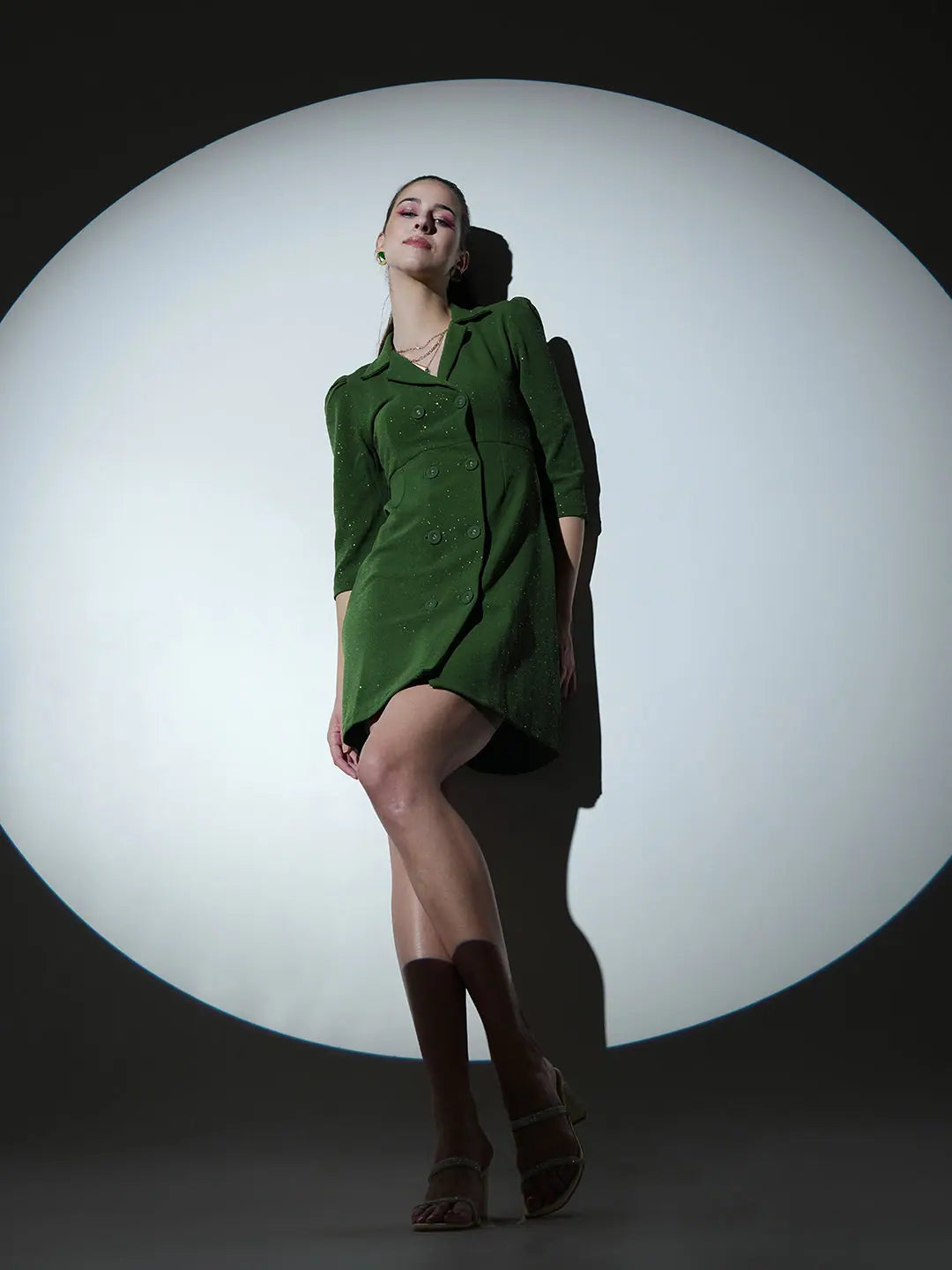 Women Olive Shimmer Double Breasted Blazer Dress Women's Casual Suit