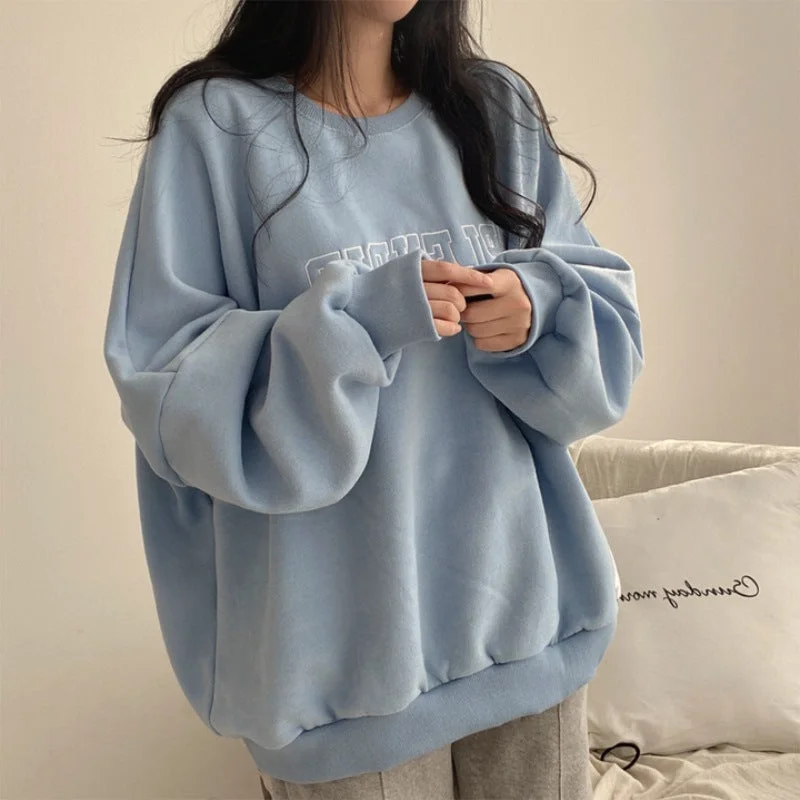 IKEARLAXFleece cotton thin sweater women's  new women's clothing loose spring autumn and winter thickened jacket plus size blue Stylish Fashionable Trendy