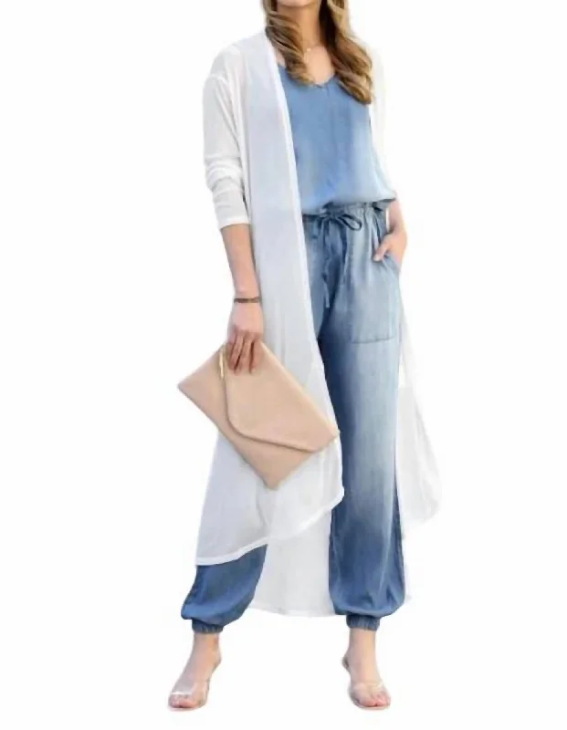 Mesh Long Open Front Cardigan In Ivory Terry Terry Cloth Terry Knit
