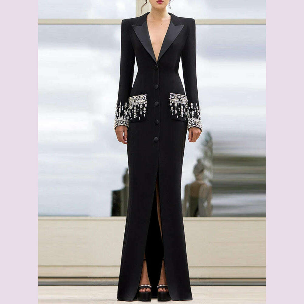HIGH STREET Newest 2024 Designer Fashion Women's Long Sleeve Notched Collar Rhinestone Diamonds Beading Maxi Long Dress