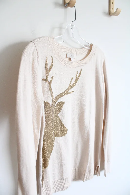 LOFT Beige Gold Shimmer Reindeer Sweater | M Bright Pastel Dark