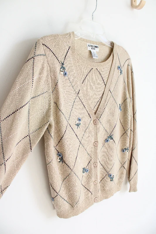 Alfred Dunner Vintage Blue Floral Argyle Tan Cardigan Sweater | S Petite Stylish Fashionable Trendy