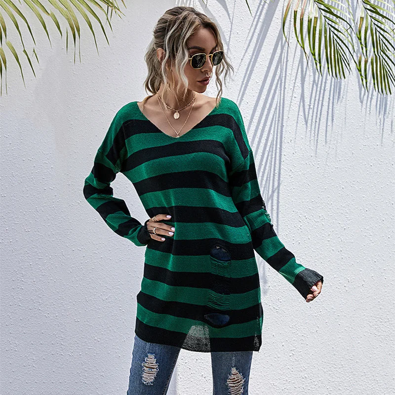 IKEARLAX Popular, 2025,  New medium and long thin v-neck striped sweater women's popular autumn ripped long-sleeved knitted sweater Fitted Loose Oversized