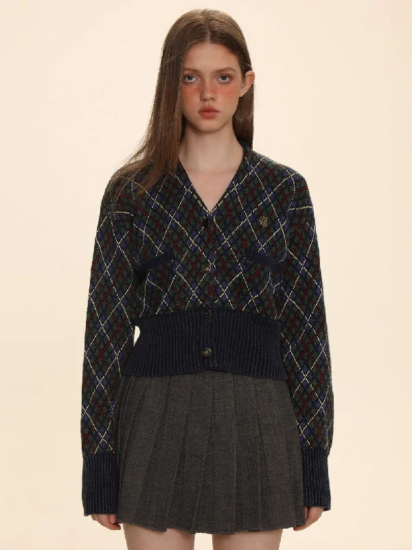 Vintage Argyle Polo-Neck V-Neck Feminine Sweater Polka Dot Checkered Tartan