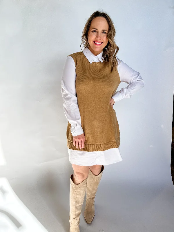 Sweater Vest and Poplin Dress- Tan Boat Neck Shawl Collar Notched Collar