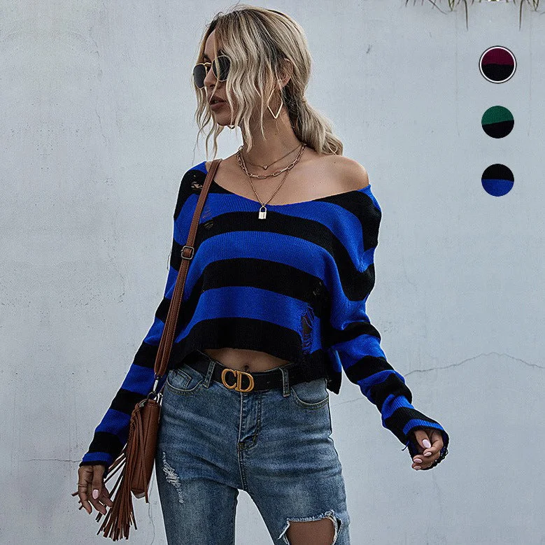 IKEARLAX Strictly selected early autumn  New fashion women's clothing striped v-neck loose short ripped sweater open navel knitted sweater Sweater Knitwear Pullover