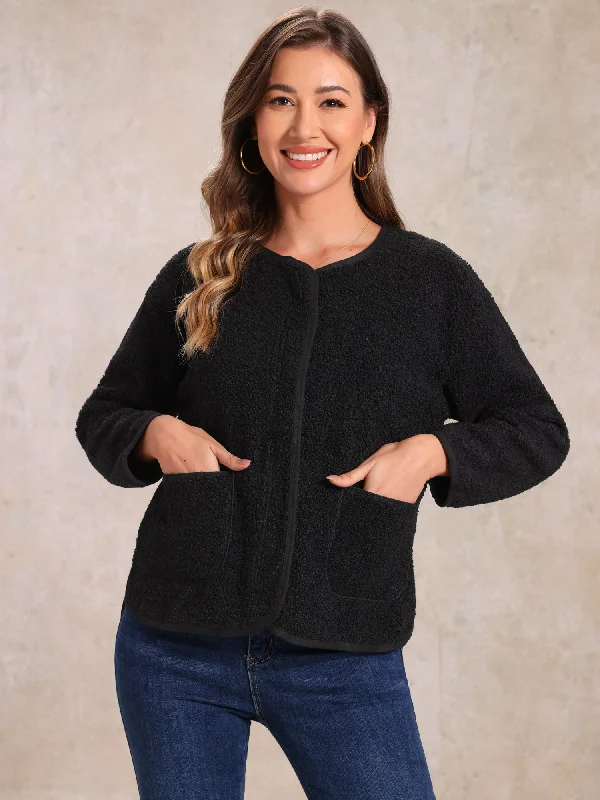 Fuzzy Fleece Collarless Pocketed Long Sleeve Jacket Satin Fabric Silk Fabric Chiffon Fabric