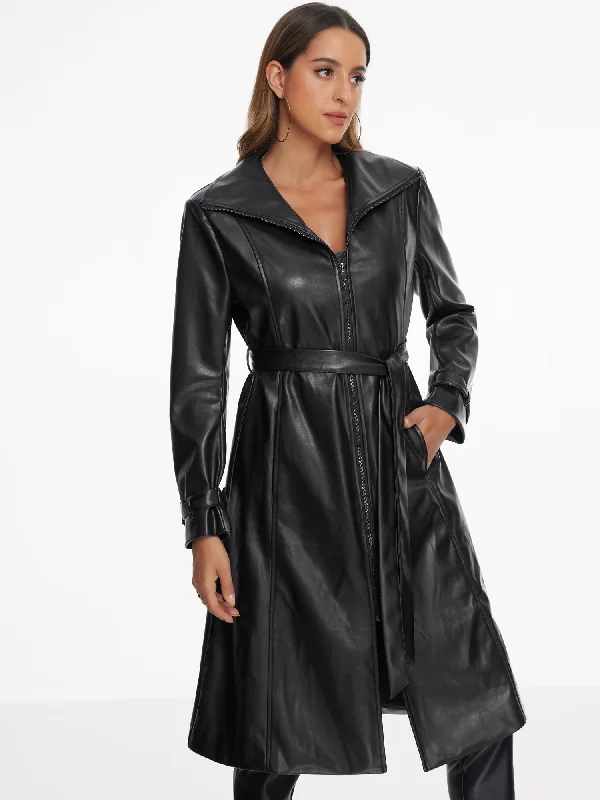 Faux Leather Long Sleeve Zipper Belted Casual Long Jacket Nylon Jacket Polyester Jacket Spandex Jacket Faux Leather Long Sleeve Zipper Belted Casual Long Jacket Nylon Jacket Polyester Jacket Spandex Jacket