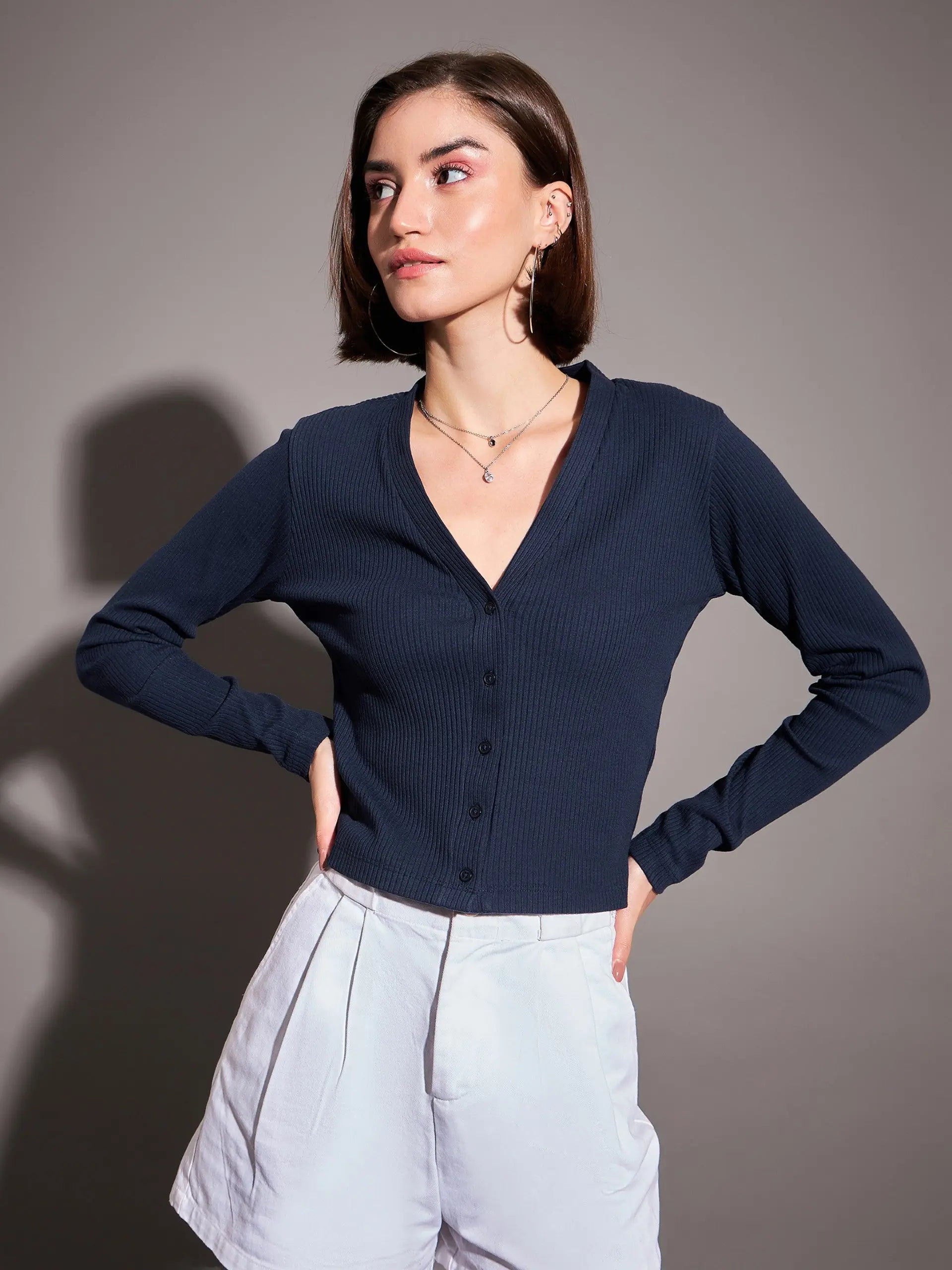 Women Navy Rib Front Open Cardigan Top Collared Crew Neck Turtle Neck
