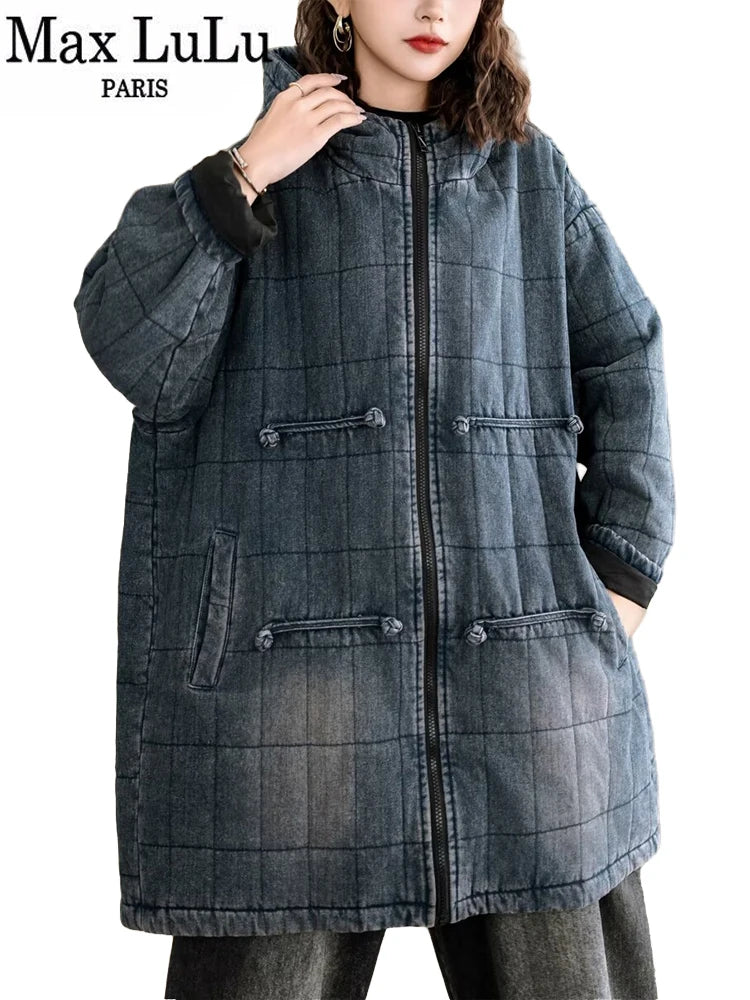 Max LuLu Winter Chinese Womens Plaid Denim Padded Jeacket Vintage Warm Classic Loose Parkas Hooded Casual Thicken Big Size Coats Casual Fleece-Lined Parka