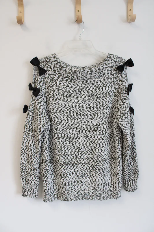 Shein Green & White Bow Open Sleeved Sweater | M Mesh Blend Leather Blend Suede Blend