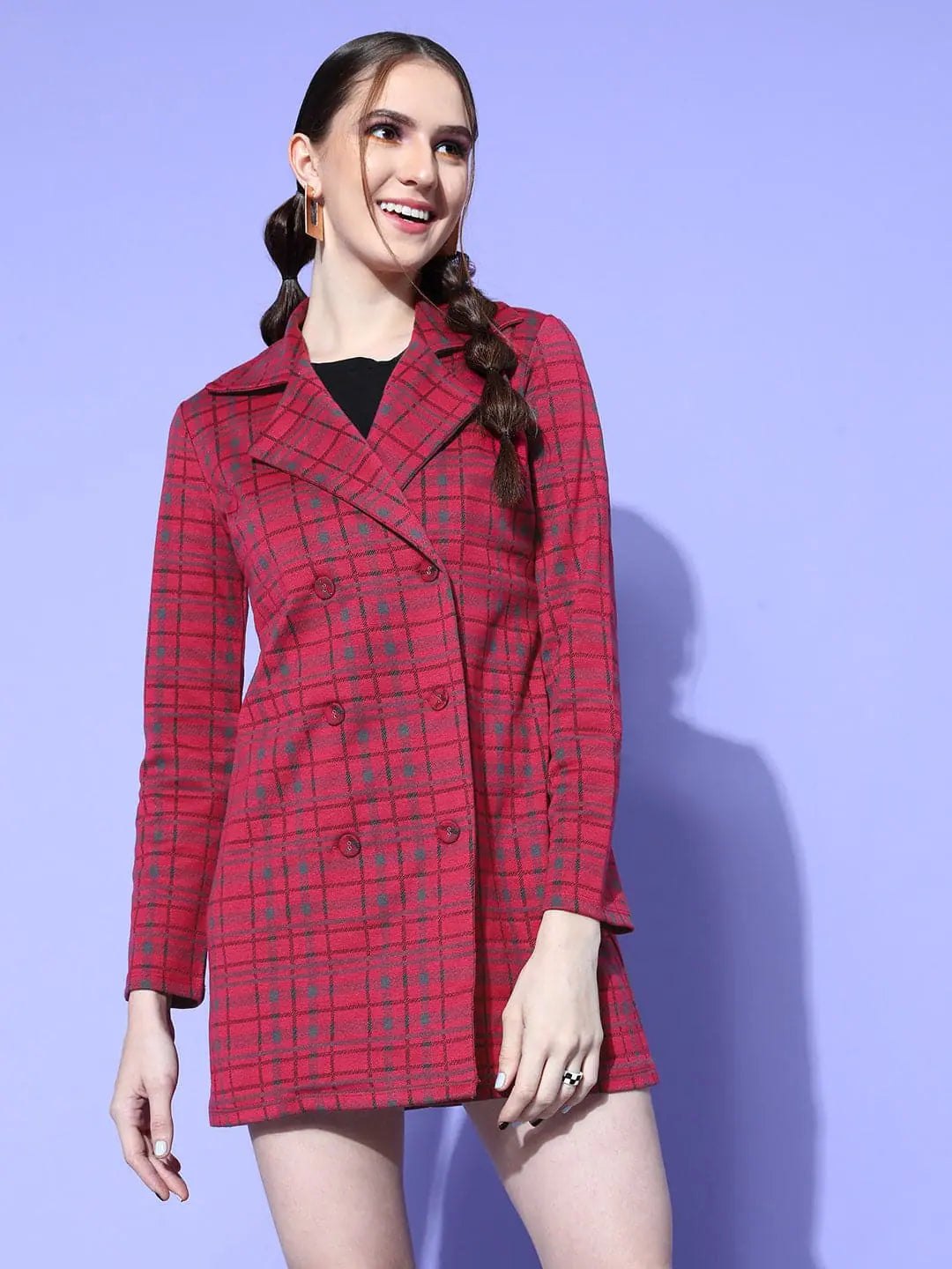 Women Fuchsia Check Mini Blazer Dress Women's Navy Jacket