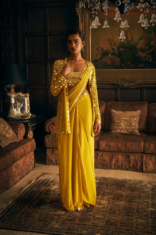 Yellow Mirror Work Stitched & Jacket Saree Denim Jacket Leather Jacket Suede Jacket