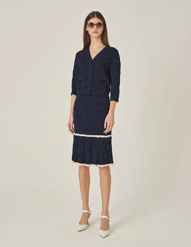 MARYLING Dark Blue V-Neck Two-Color Knitted Cardigan Front Pockets Side Pockets Patch Pockets MARYLING Dark Blue V-Neck Two-Color Knitted Cardigan Front Pockets Side Pockets Patch Pockets