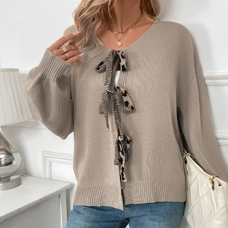 IKEARLAX solid color lace-up cardigan sweater autumn hot sale new back love V-neck women's cardigan Boat Neck Shawl Collar Notched Collar