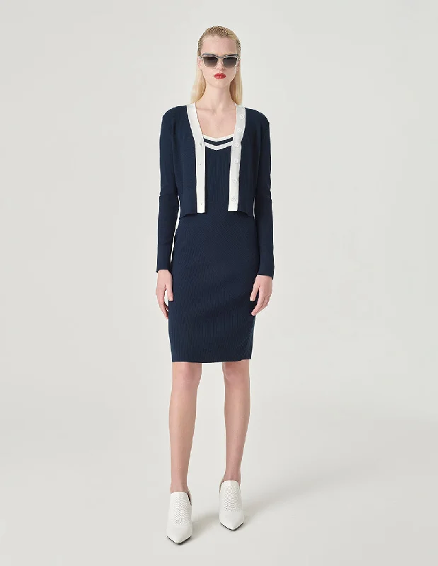 MARYLING Navy Long Sleeves Knitted Cardigan Real Fur Shearling Chenille
