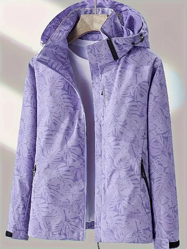 Stylish Leaf Print Windbreaker Jacket - Waterproof, Breathable, and Packable - Women's Outdoor Rain Jacket with Removable Hood and Adjustable Cuffs for Hiking, Camping, and Travel Collared Jacket Crew Neck Jacket Turtle Neck Jacket