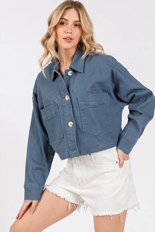 Hazel Blues® | bytos Button Down Cropped Denim Jacket with Patch Pockets Fleece Fabric Down Fabric Feather Fabric Hazel Blues® | bytos Button Down Cropped Denim Jacket with Patch Pockets Fleece Fabric Down Fabric Feather Fabric
