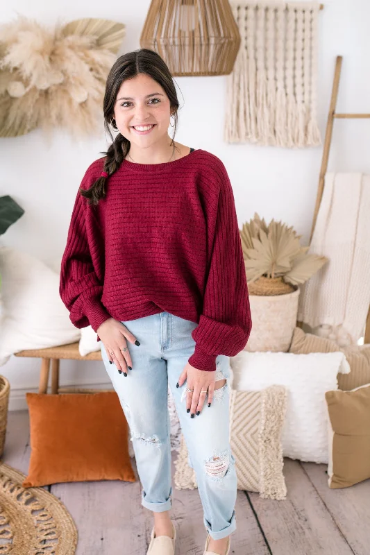 Joanne Burgundy Lined Knit Sweater Solid Print Embellished