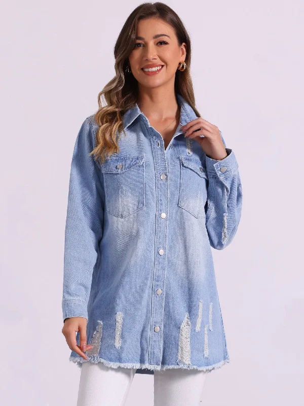 Denim Distressed Frayed Hem Button Down Jean Jackets Cotton Jacket Linen Jacket Terry Jacket