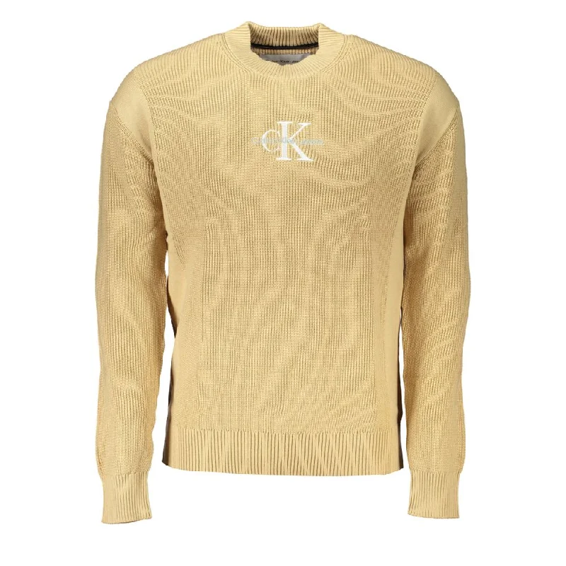 Chic Beige Crew Neck Cotton Sweater Denim Fabric Leather Fabric Suede Fabric