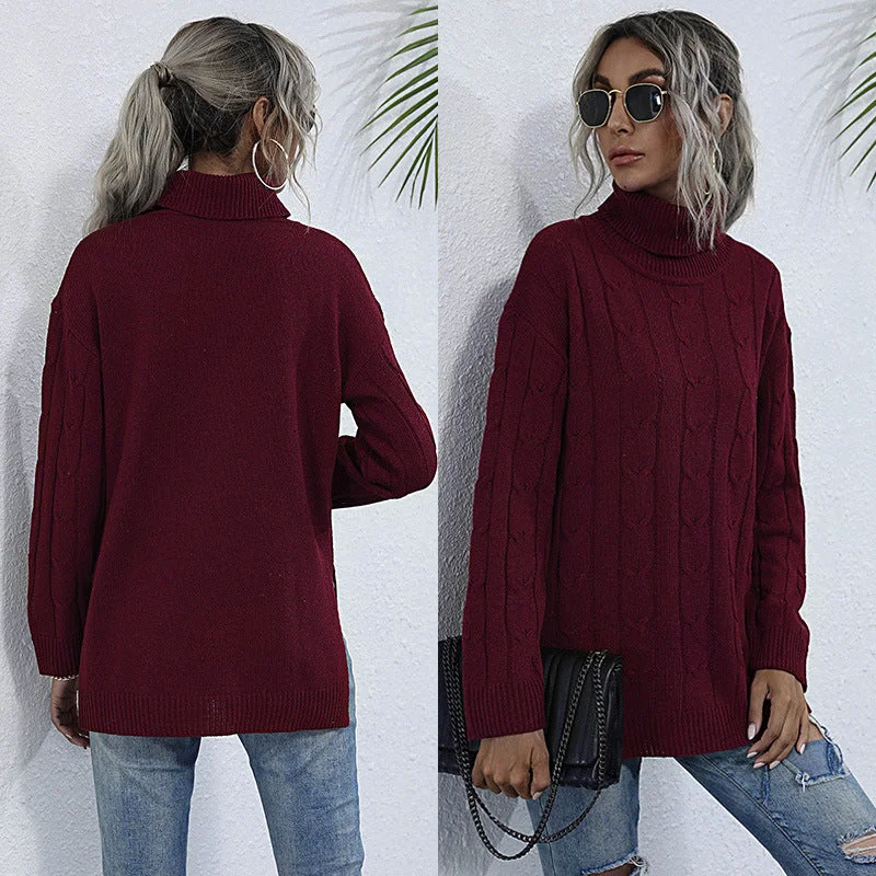 IKEARLAX popular new women's clothing autumn and winter turtleneck pullover solid color split knitted sweater Popular trade 2025 twist sweater wholesale Terry Blend Velvet Blend Canvas Blend