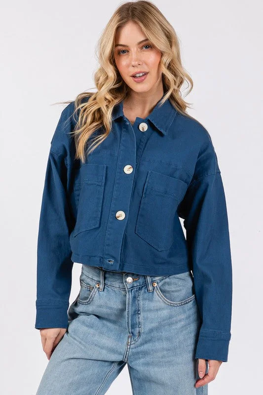 Hazel Blues® | bytos Button Down Cropped Denim Jacket with Patch Pockets Knit Fabric Woven Fabric Fleece Fabric Hazel Blues® | bytos Button Down Cropped Denim Jacket with Patch Pockets Knit Fabric Woven Fabric Fleece Fabric