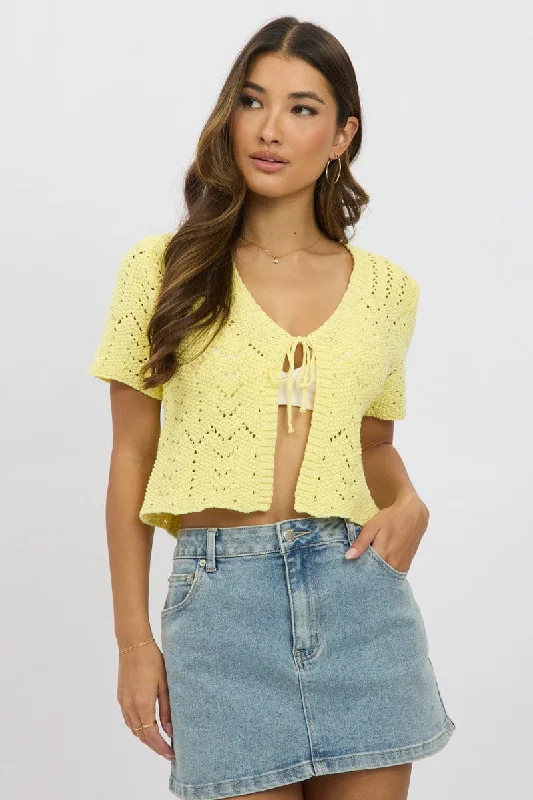 Yellow Crochet Knit Cardigan Short Sleeve V Neck Transparent Opaque Sheer