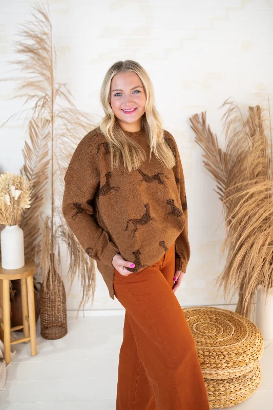 Cheetah Knit Long Sleeve Sweater-Camel Bright Pastel Dark