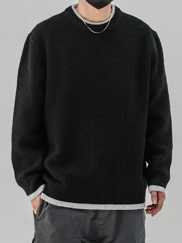 Men's Color Block Fake Two-piece Knitted Pullover, Casual Long Sleeve Crew Neck Sweater For Fall Winter Turtle Neck Boat Neck Asymmetrical Neck