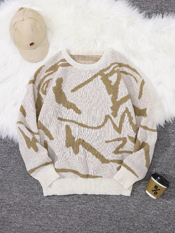 Long Sleeve Chic Graffiti Graphic Knit Sweater - Crew Neck, Polyester, Slight Stretch, Regular Fit, Hand Wash - Trendy Daily Wear for Spring and Autumn Satin Fabric Silk Fabric Chiffon Fabric