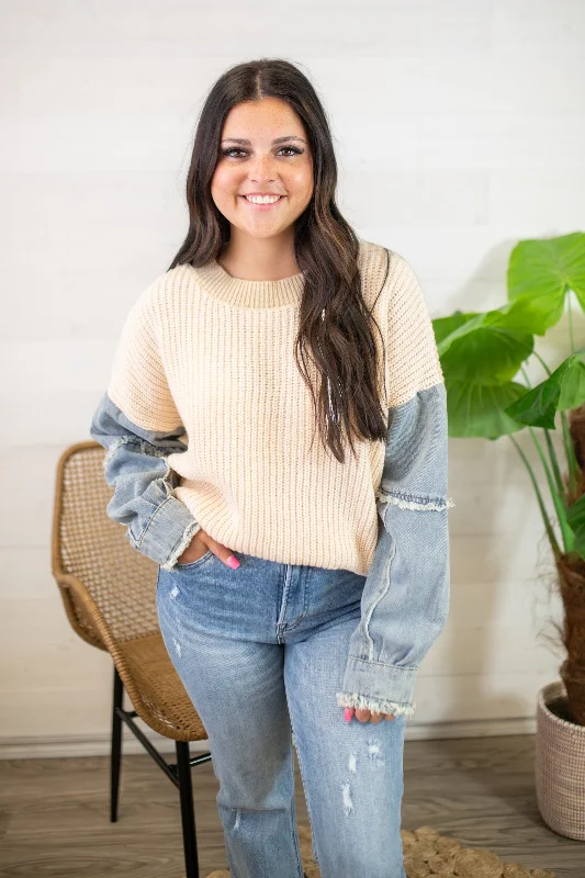 Denim Sleeve Crewneck Knit Sweater-Natural Solid Color Striped Floral Print