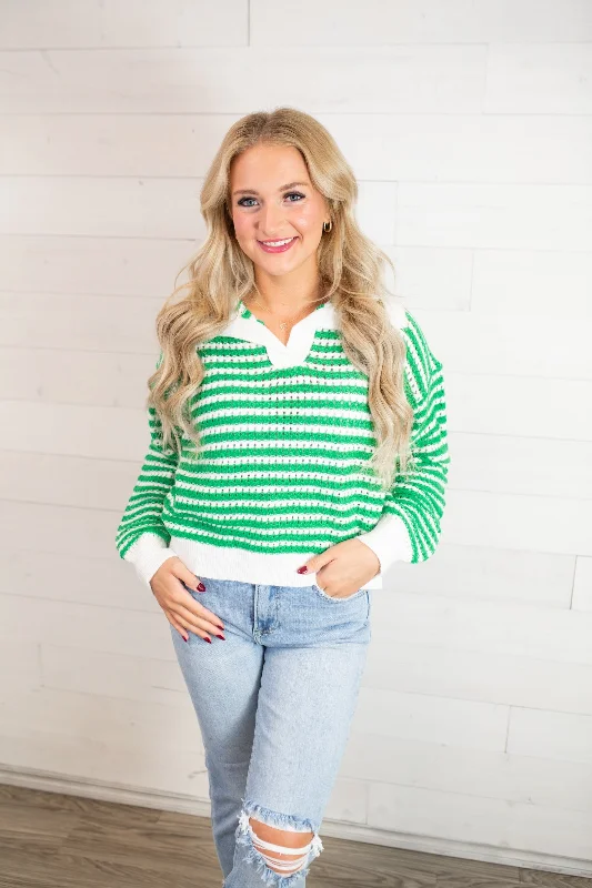 J.nna Stripe Collar LS Knit Sweater-Green & White Wool Fabric Cashmere Fabric Tweed Fabric