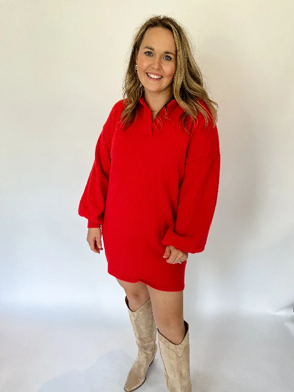 LONG SLEEVE COLLAR FUZZY SWEATER DRESS- RED Front Pockets Side Pockets Patch Pockets
