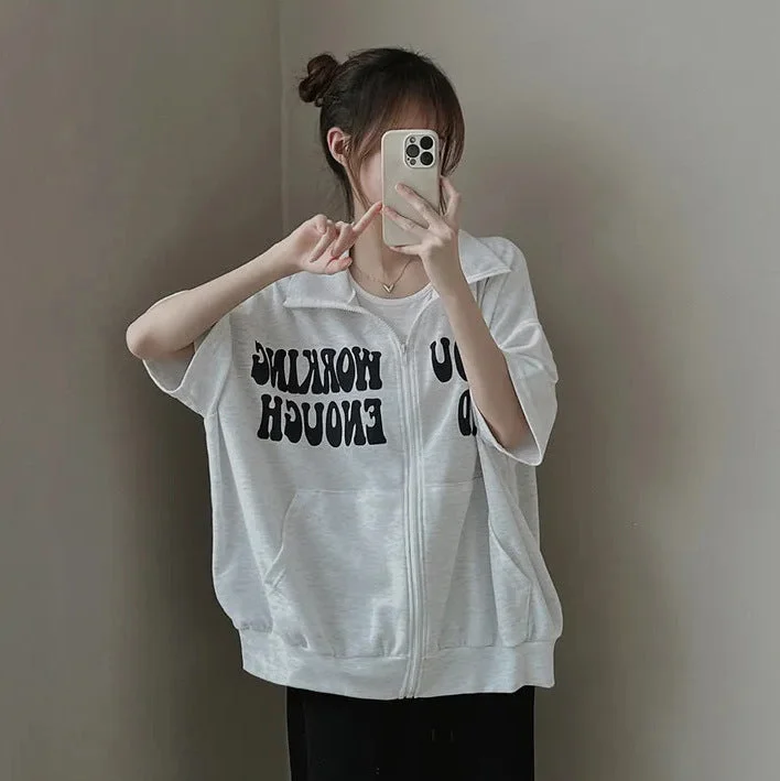 IKEARLAXManufacturer 3-color short-sleeved sweater women's jacket women's popular new spring and summer loose sports stand-up shirt casual zipper Transparent Opaque Sheer