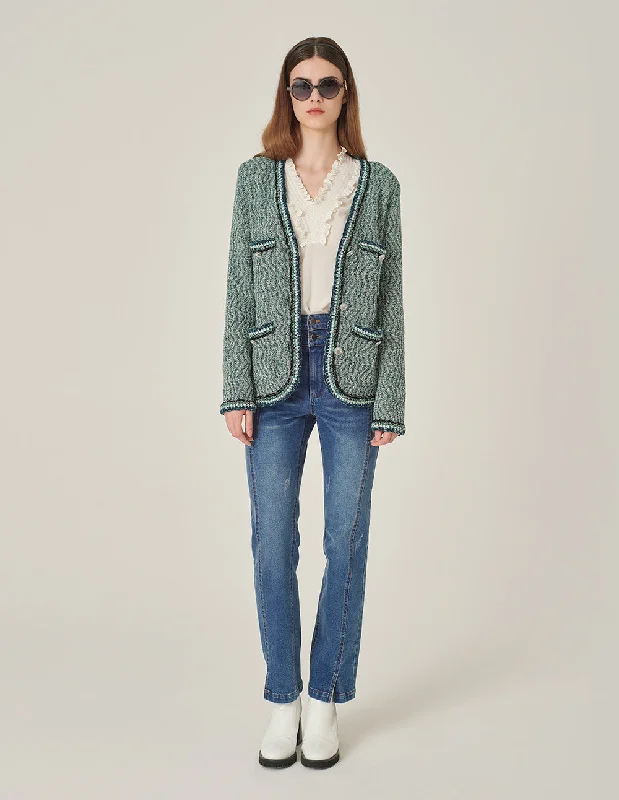 MARYLING V-Neck Multi-Pocket Tweed Knitted Cardigan Seamless Knitted Crochet