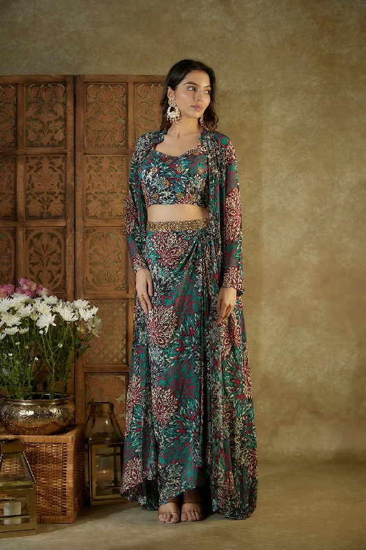 Green Printed Choli, Draped Skirts And Jacket Set Faux Fur Fabric Real Fur Fabric Shearling Fabric