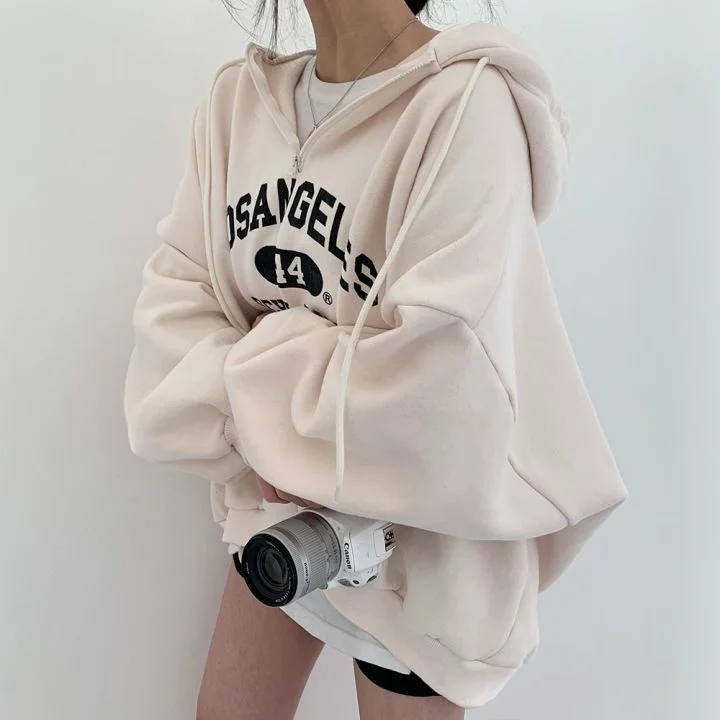 IKEARLAXKorean zipper sweater women's hooded  new women's clothing loose spring autumn and winter thickened fleece jacket thin Oversized Loose Flowy