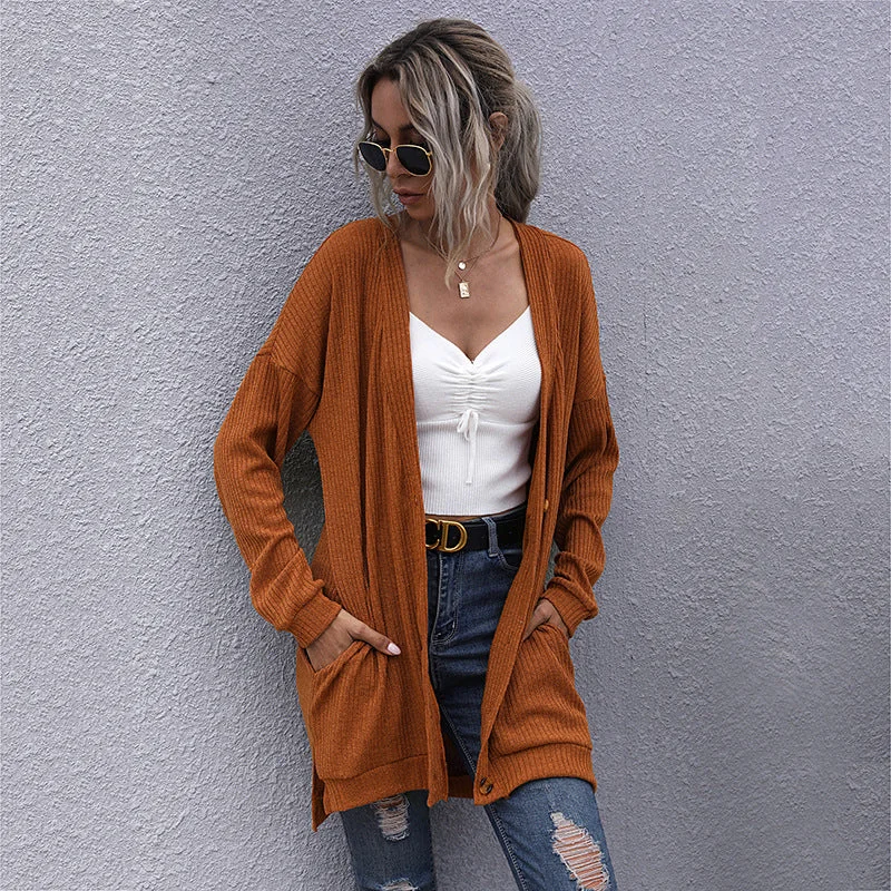 IKEARLAX women's clothing New autumn and winter knitted lazy wind long-sleeved v-neck cardigan medium and long sweater jacket Real Fur Shearling Chenille